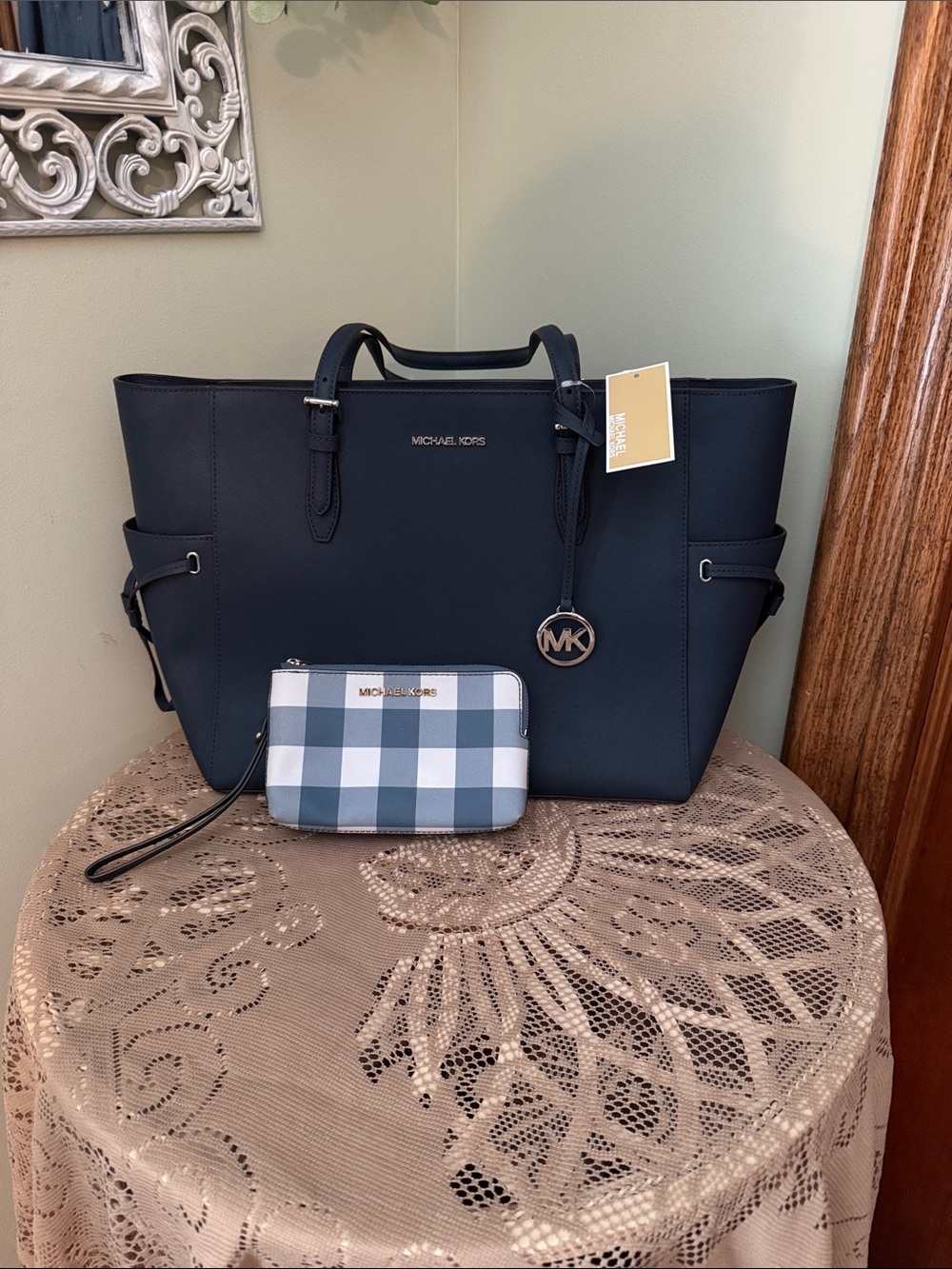 Michael Kors Navy Tote with Blue-White Check Wristlet